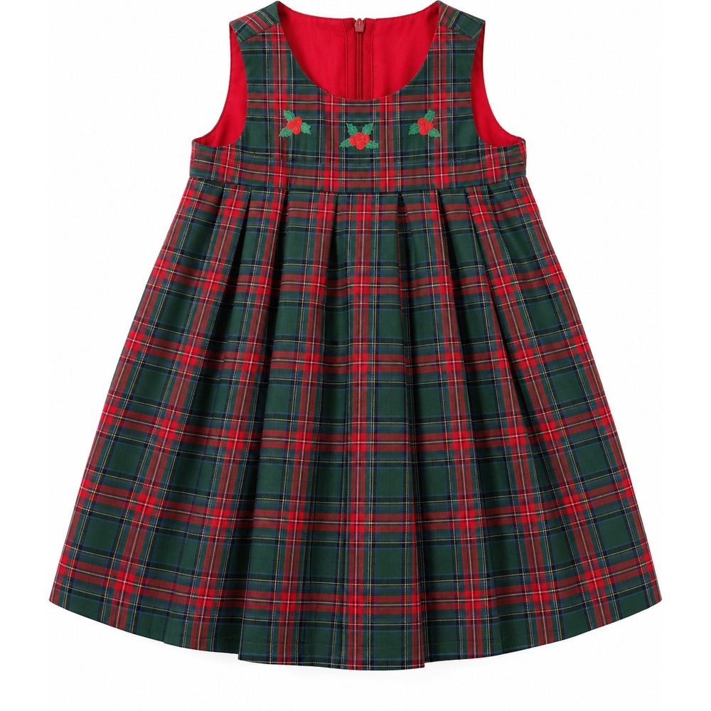 Samara Plaid Holiday Jumper Holly Embroidery Christmas Party Dress Girl 5